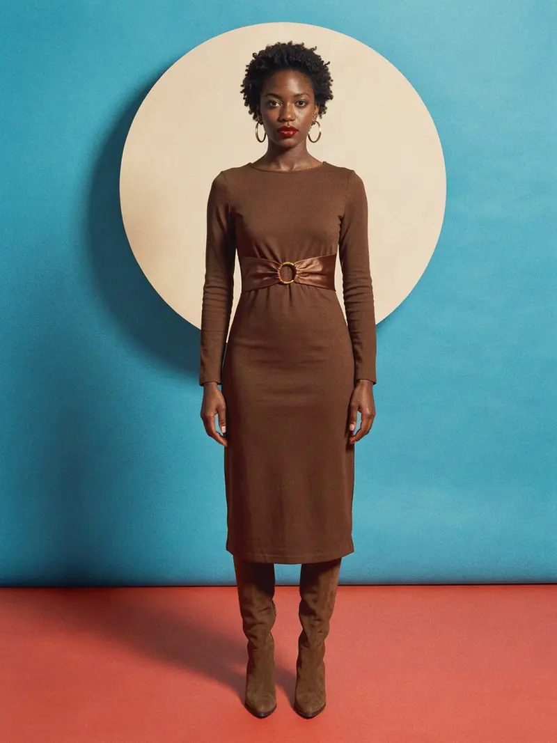 Illustration, mannequin fictif : Femme en robe midi marron chocolat à manches longues, découpe sous la poitrine fermée par un tissu satiné et un anneau doré, avec des bottes en daim.