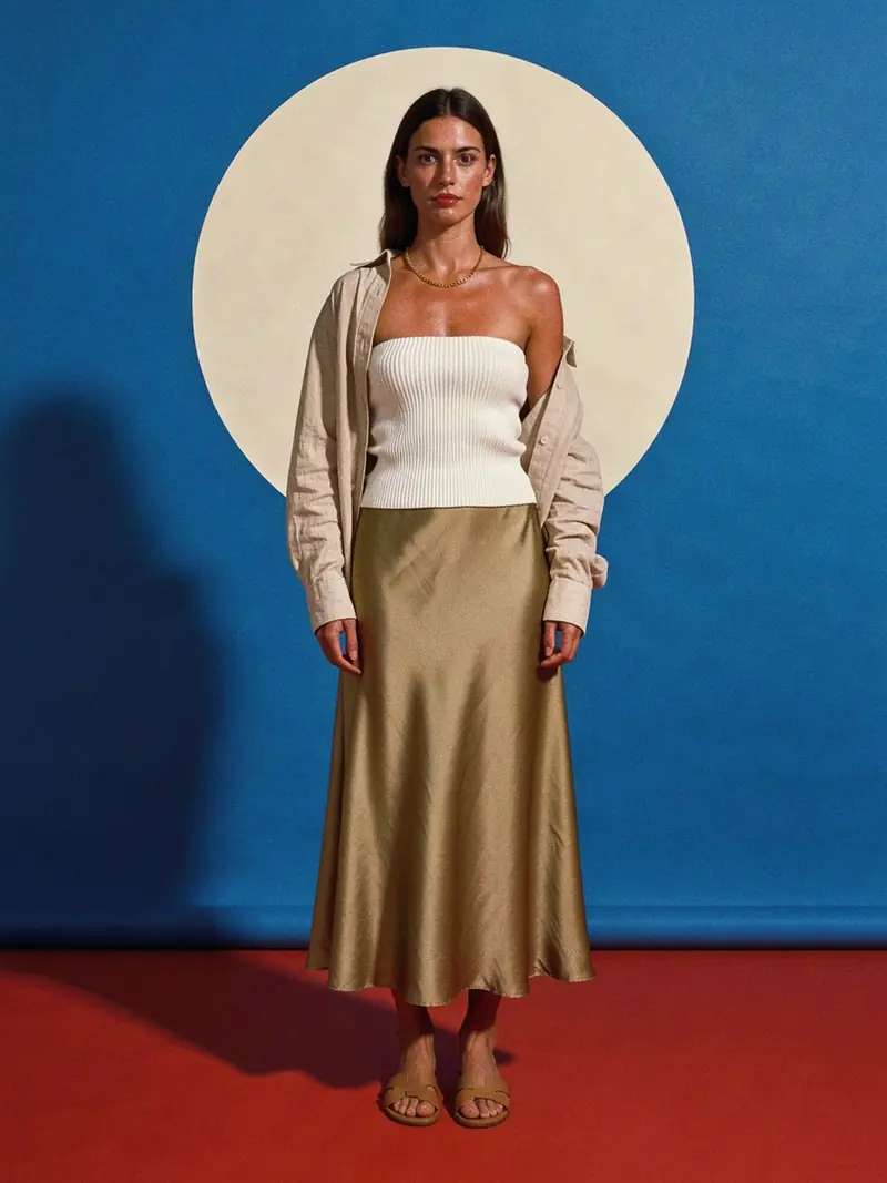 Illustration, mannequin fictif : Femme en bandeau blanc en maille côtelée, jupe longue en soie kaki taille haute, chemise en lin beige ouverte et sandales plates.
