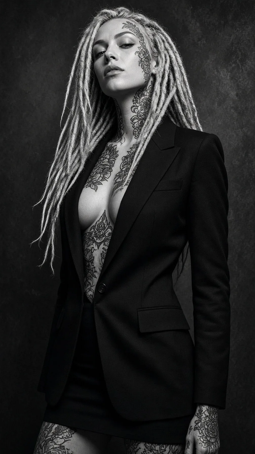 Illustration, mannequin fictif : Femme aux longues dreadlocks blondes et aux bras tatoués, blazer noir porté à même la peau, en noir et blanc