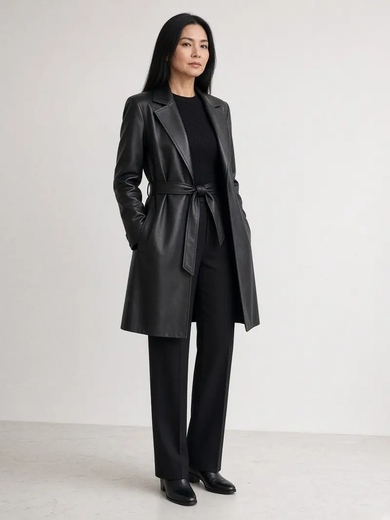 Illustration, mannequin fictif : Femme en veste en cuir noire longue mi-cuisse ceinturée, revers ouvert laissant voir la doublure, pantalon droit noir et bottines