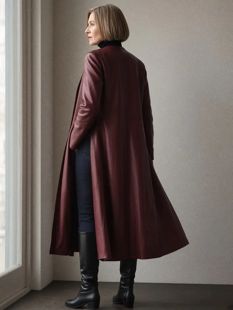 Illustration, mannequin fictif : Femme en veste en cuir d'agneau bordeaux longueur mollet portée ouverte, col ras-du-cou, col roulé noir, jean indigo droit et bottes hautes noires