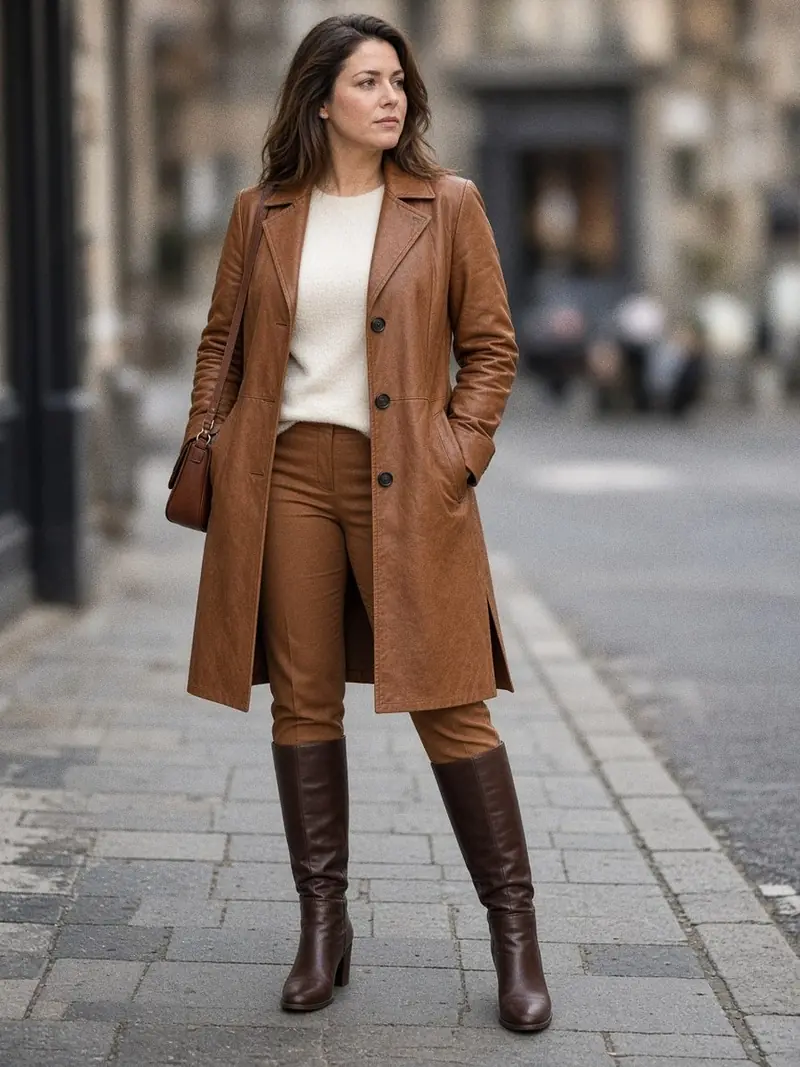 Illustration, mannequin fictif : Femme en veste en cuir cognac longueur genou boutonnée, pantalon droit cognac assorti et bottes hautes marron, pull crème