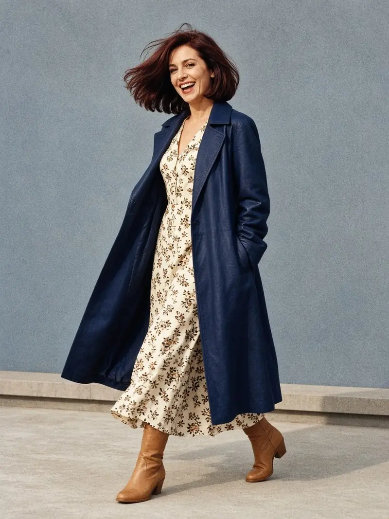 Illustration, mannequin fictif : Femme marchant en veste en cuir bleu profond longueur mollet portée ouverte sur une robe midi crème imprimée et des bottines fauve