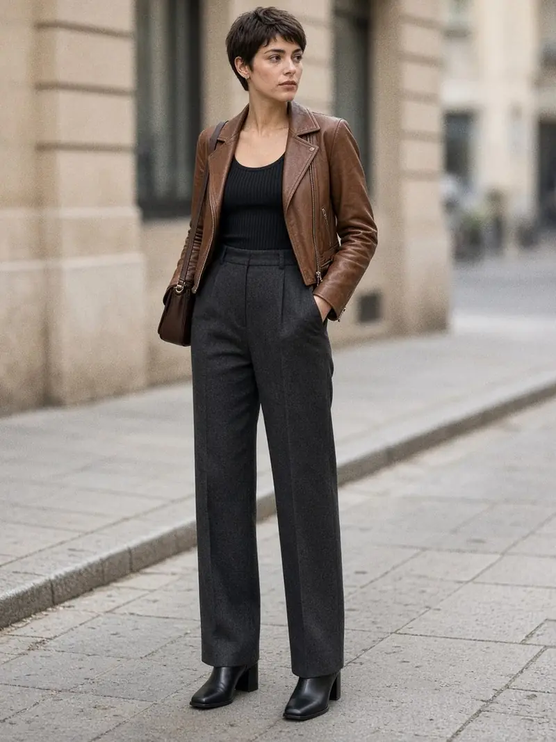 Illustration, mannequin fictif : Femme debout dans une rue, veste en cuir marron courte à zip asymétrique ouverte sur un débardeur noir, pantalon taille haute gris foncé et bottines noires à bout carré.