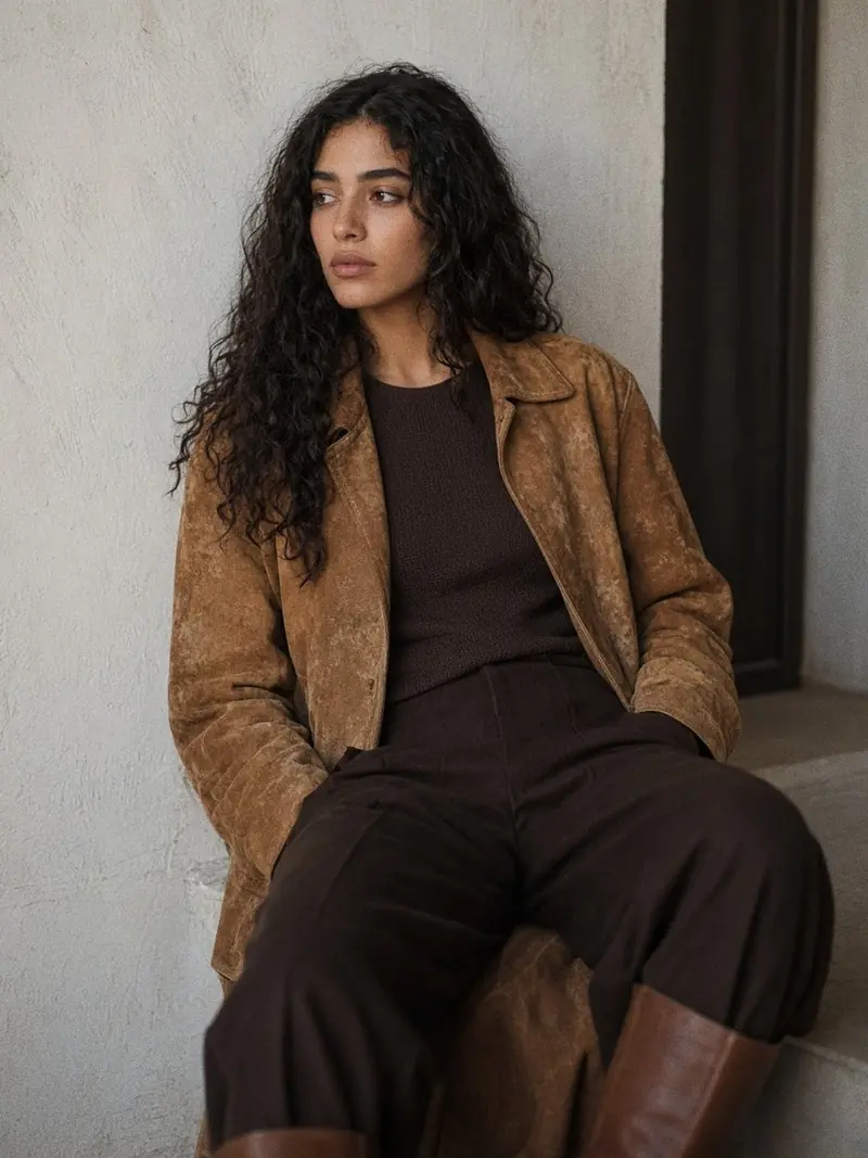 Illustration, mannequin fictif : Femme en veste en daim beige caramel à la teinte irrégulière, portée ouverte sur un haut en maille fine marron foncé, pantalon large assorti et bottes hautes marron.