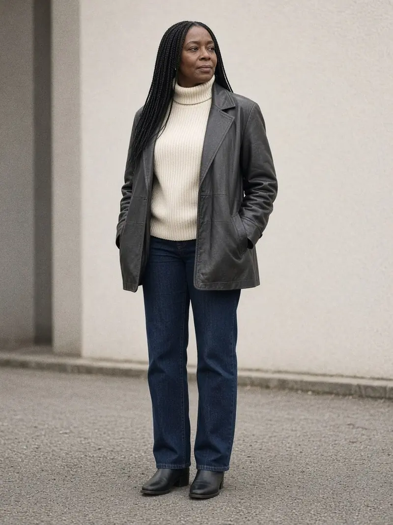 Illustration, mannequin fictif : Femme debout en veste en cuir gris foncé mat de coupe droite, col à revers, pull col roulé crème, jean indigo et bottines noires.