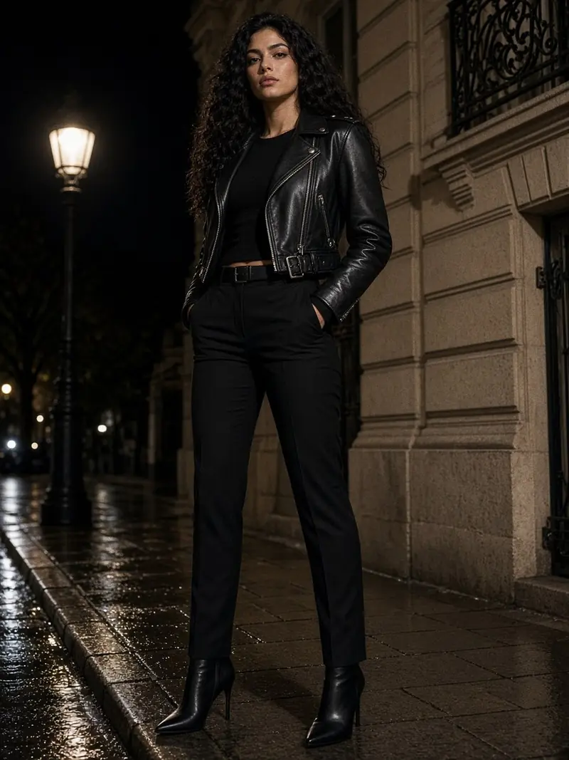 Illustration, mannequin fictif : Femme en perfecto court noir à zip asymétrique porté ouvert sur un haut en maille noire, pantalon noir taille haute et bottines pointues.