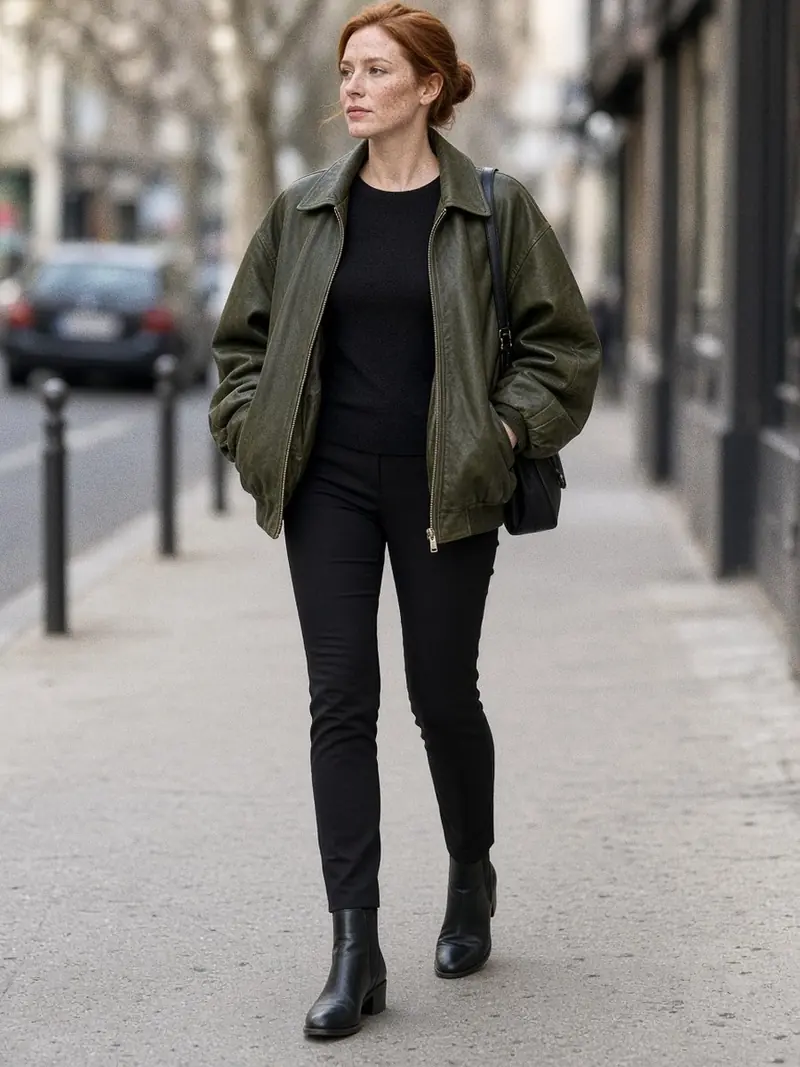 Illustration, mannequin fictif : Femme en veste en cuir vert olive oversize à épaules tombantes, haut noir près du corps, pantalon noir fuseau et bottes fines.