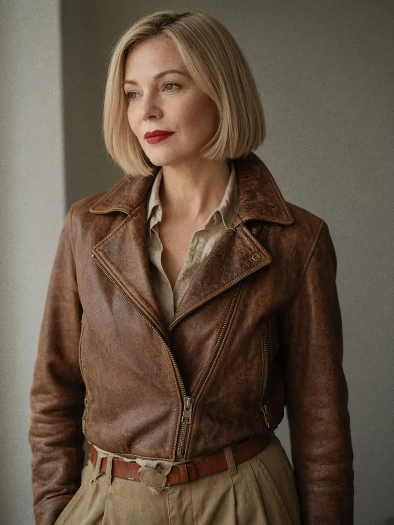 Illustration, mannequin fictif : Détail buste d'une veste en cuir brun tabac délavé à zip vieilli, portée sur une chemise beige.