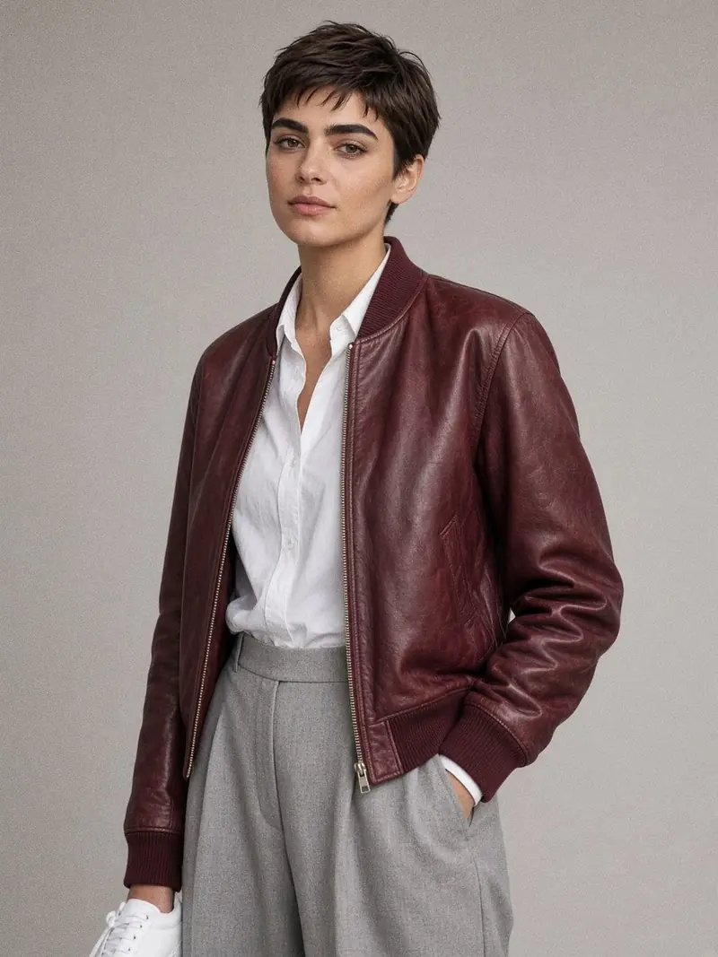 Illustration, mannequin fictif : Détail de manche et de poignet d'un blouson en cuir bordeaux patiné à bords côtes, porté sur une chemise blanche.