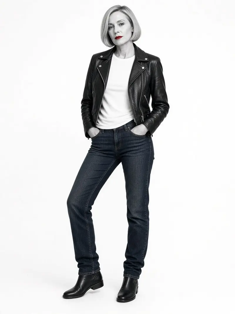 Illustration, mannequin fictif : Femme debout en blouson motard noir court mi-zippé, T-shirt blanc et jean brut, coudes pliés à angle droit, mains aux hanches.