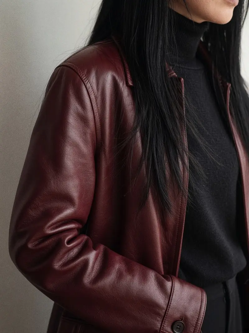 Illustration, mannequin fictif : Détail d'une manche de veste en cuir d'agneau bordeaux au poignet et à l'emmanchure, portée sur un col roulé noir.