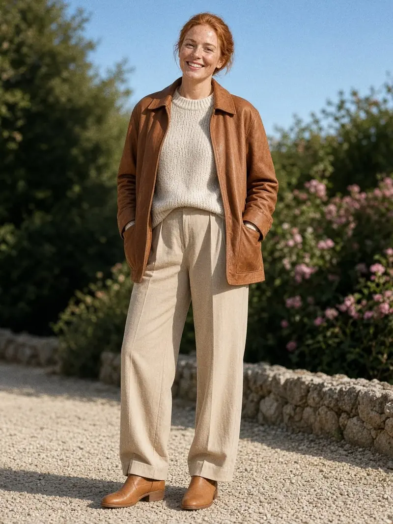 Illustration, mannequin fictif : Femme en veste de cuir droite cognac ouverte sur un gros pull écru, pantalon beige large et bottines fauves.