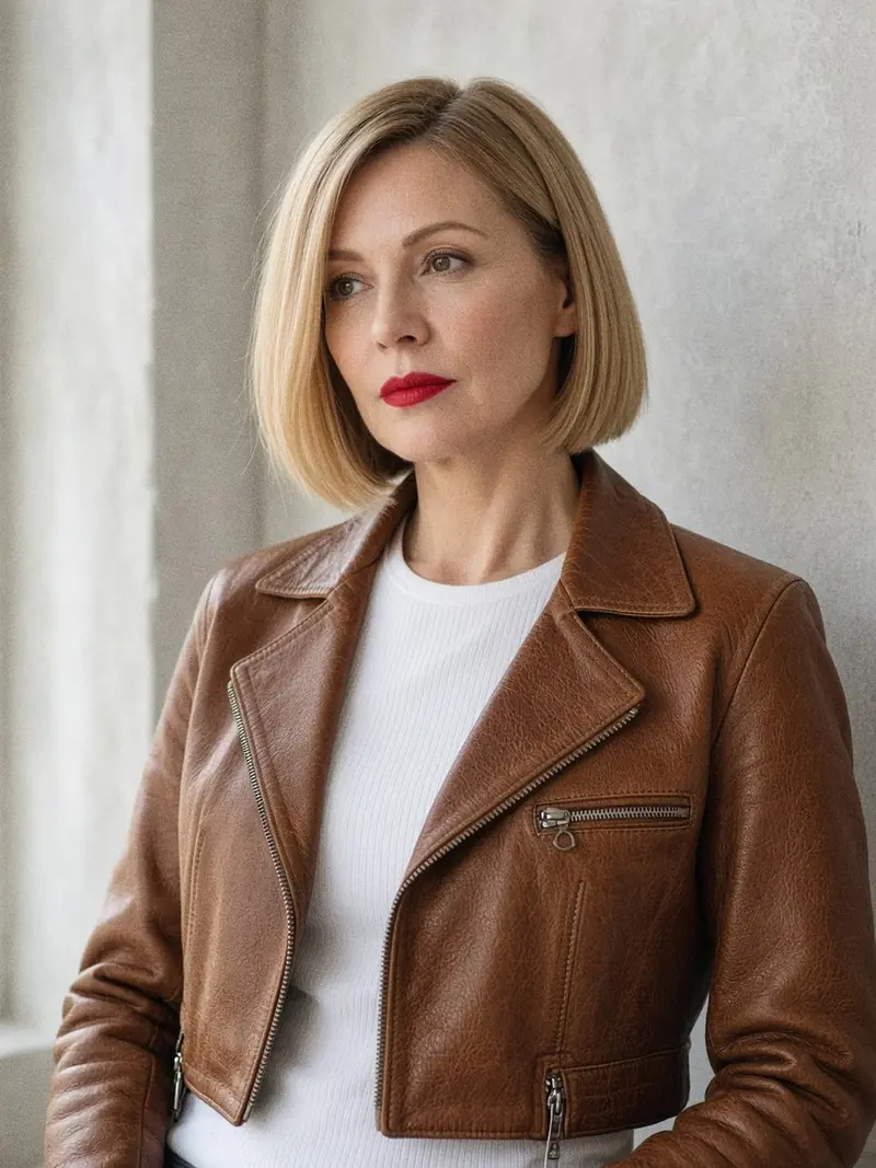 Illustration, mannequin fictif : Jeune femme en blouson motard court en cuir marron cognac, patine claire visible au col, aux coudes et aux bords des poches, sur un tee-shirt blanc.
