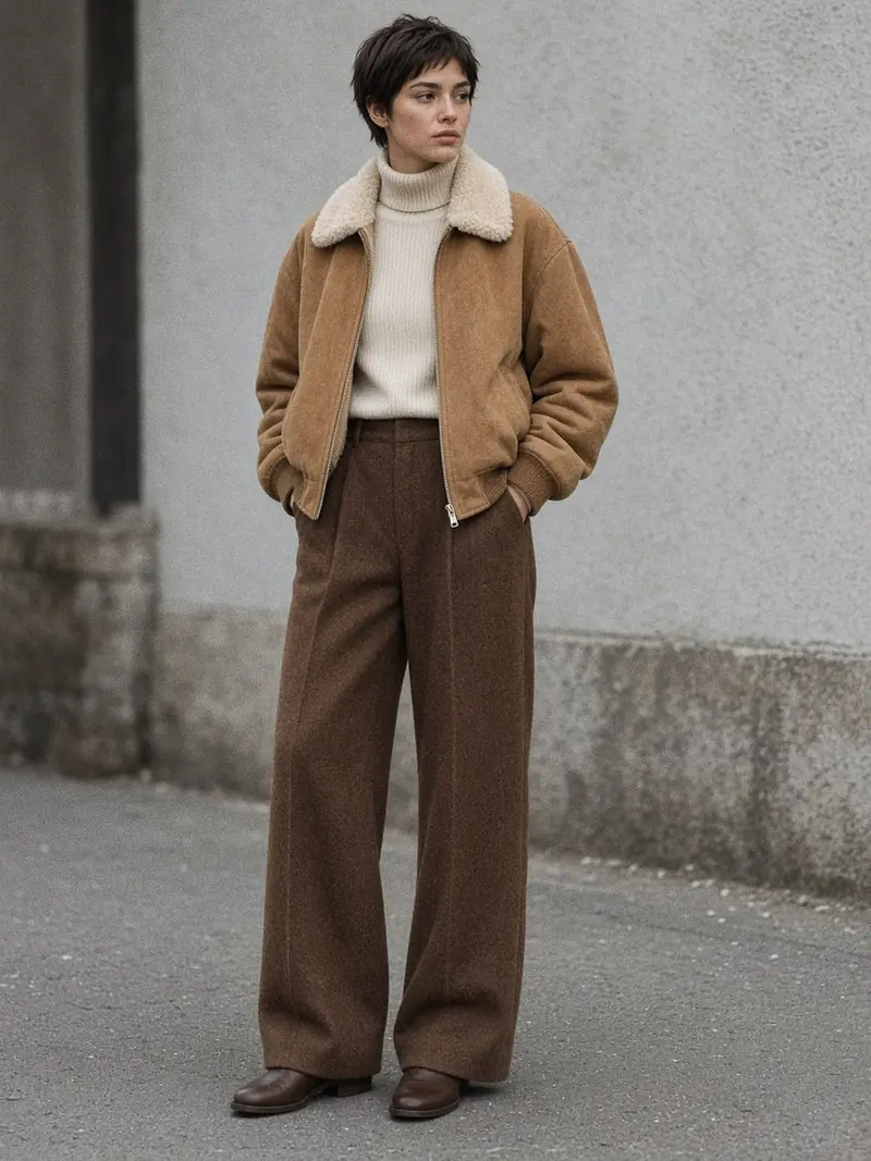 Illustration, mannequin fictif : Femme en blouson ample en daim camel à col en peau lainée crème, col roulé crème, pantalon large marron chocolat et bottines fines marron.
