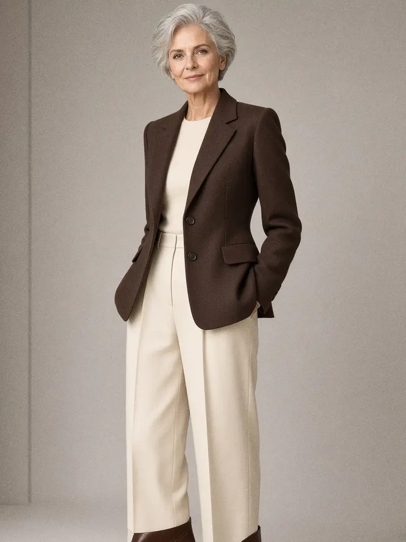 Illustration, mannequin fictif : Femme en blazer cintré marron chocolat à basque courte, boutonné, sur un pull fin crème et un pantalon large taille haute crème.