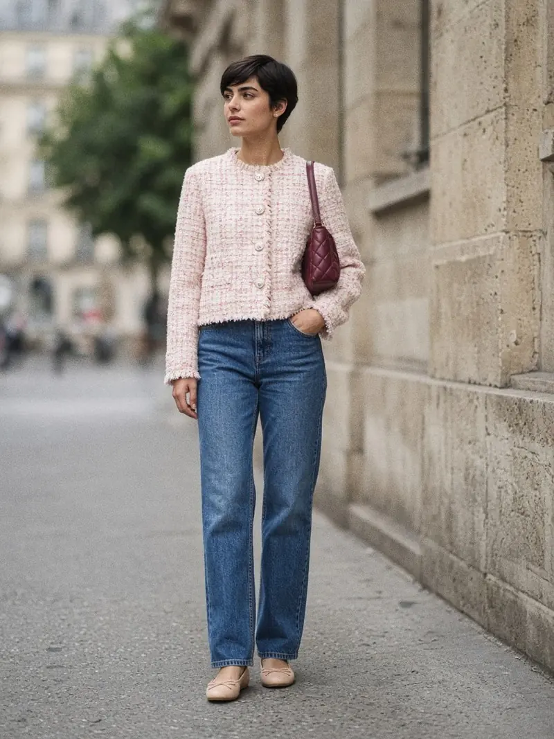 Illustration, mannequin fictif : Femme en veste courte en tweed bouclé écru et rose pâle, boutonnée, sur un jean droit bleu et des ballerines nude.