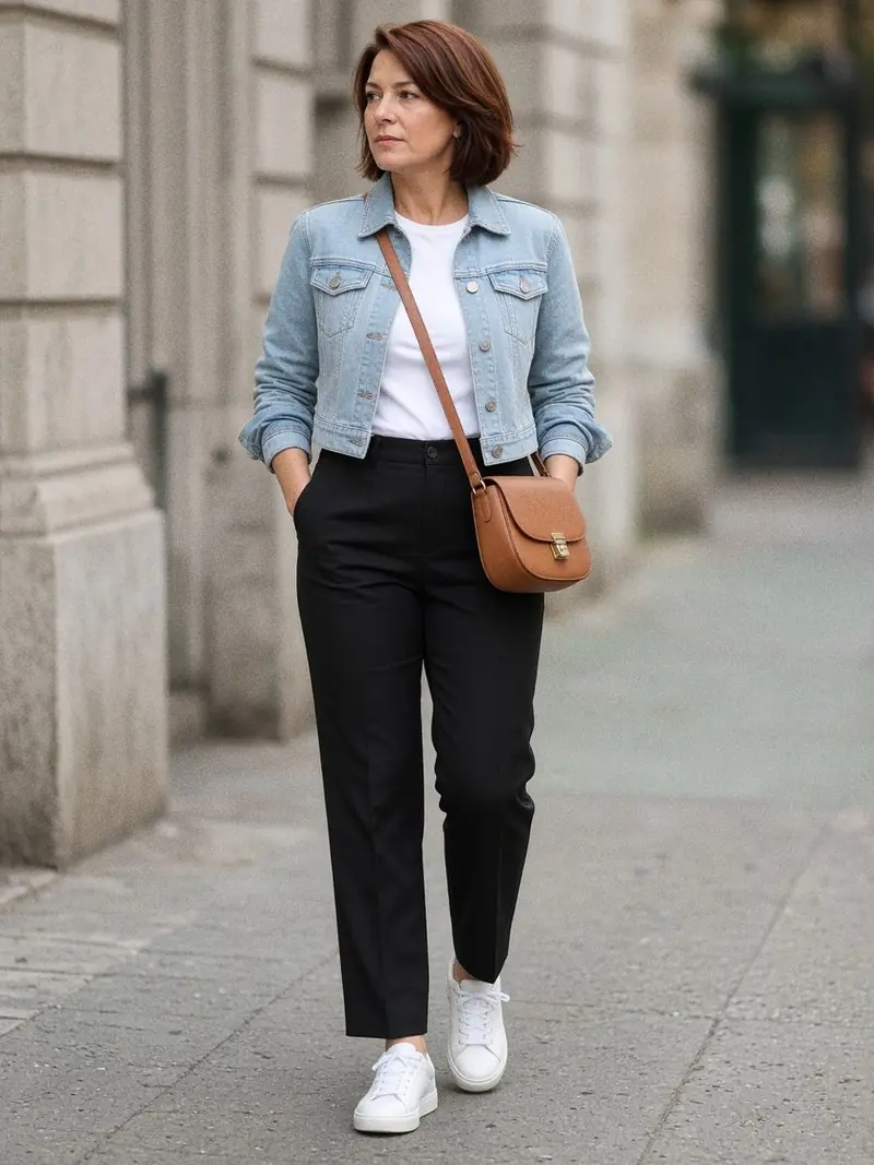 Illustration, mannequin fictif : Femme marchant en ville en veste en jean délavé courte à la taille, tee-shirt blanc, pantalon noir taille haute et baskets blanches.