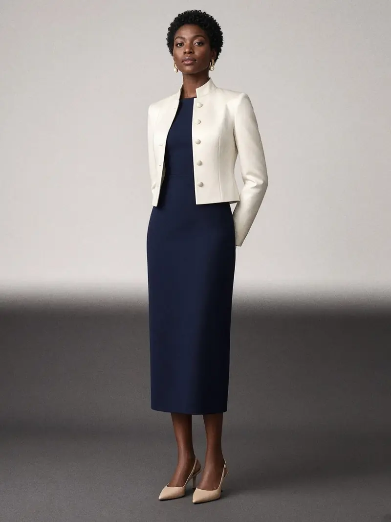Illustration, mannequin fictif : Femme en veste courte en satin ivoire boutonnée sur une robe midi cintrée bleu marine, escarpins nude et boucles d'oreilles en perle.