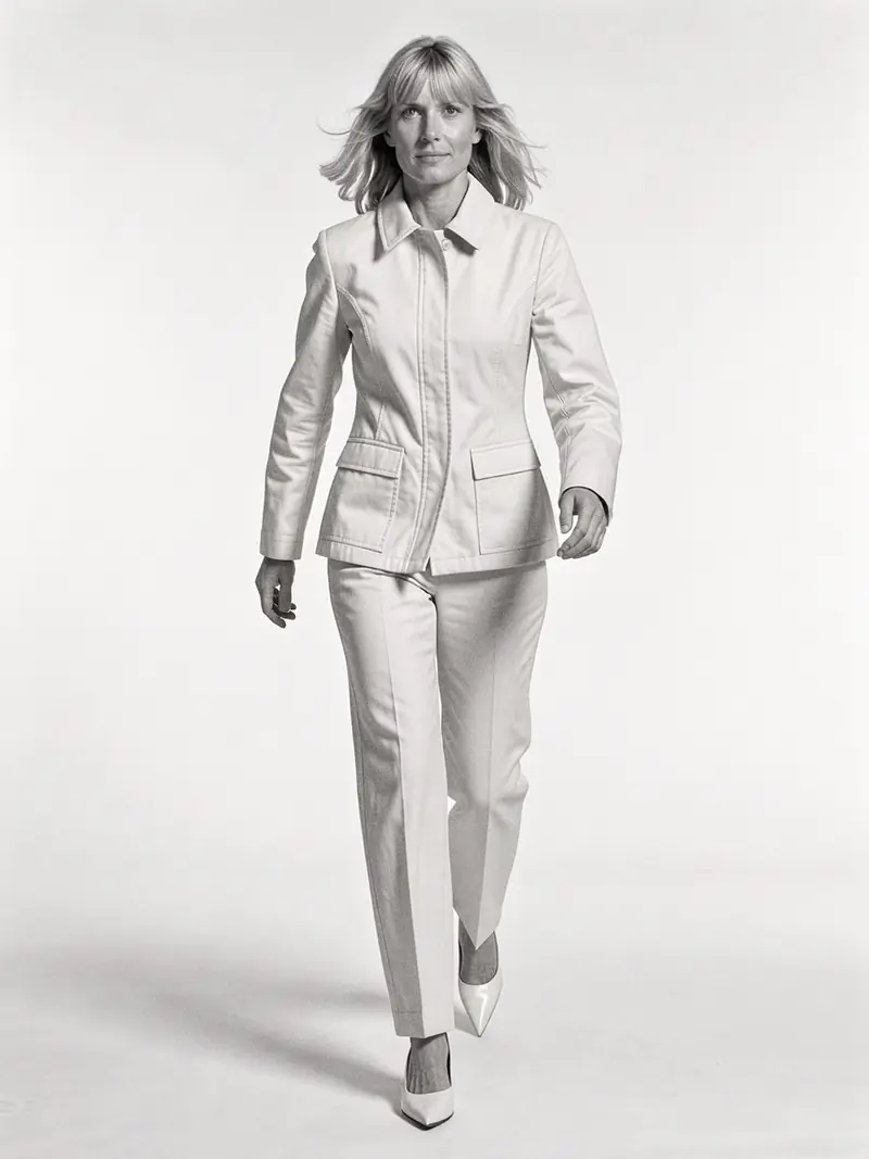 Illustration, mannequin fictif : Femme debout de face en veste coque ivoire rigide à coutures structurées et pantalon droit ivoire, chaussures ivoire à bout pointu.
