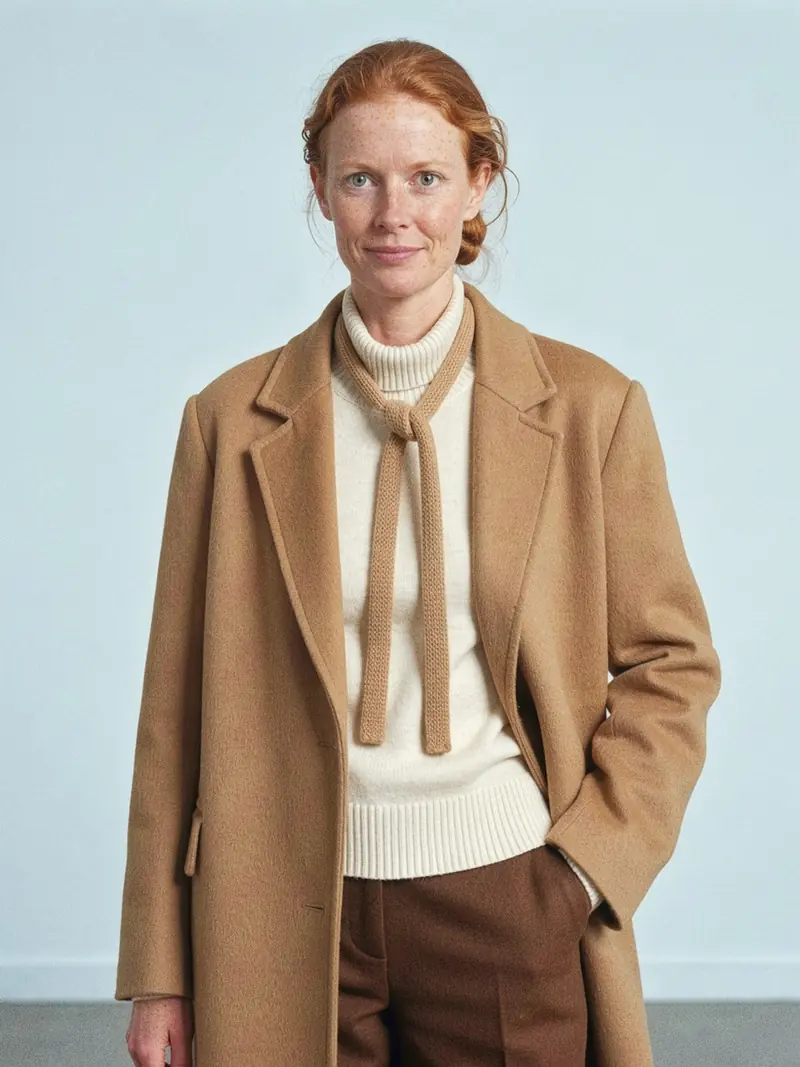 Illustration, mannequin fictif : Détail en plan taille d'une femme en large manteau camel sur col roulé crème, un lien tricoté camel noué au col.