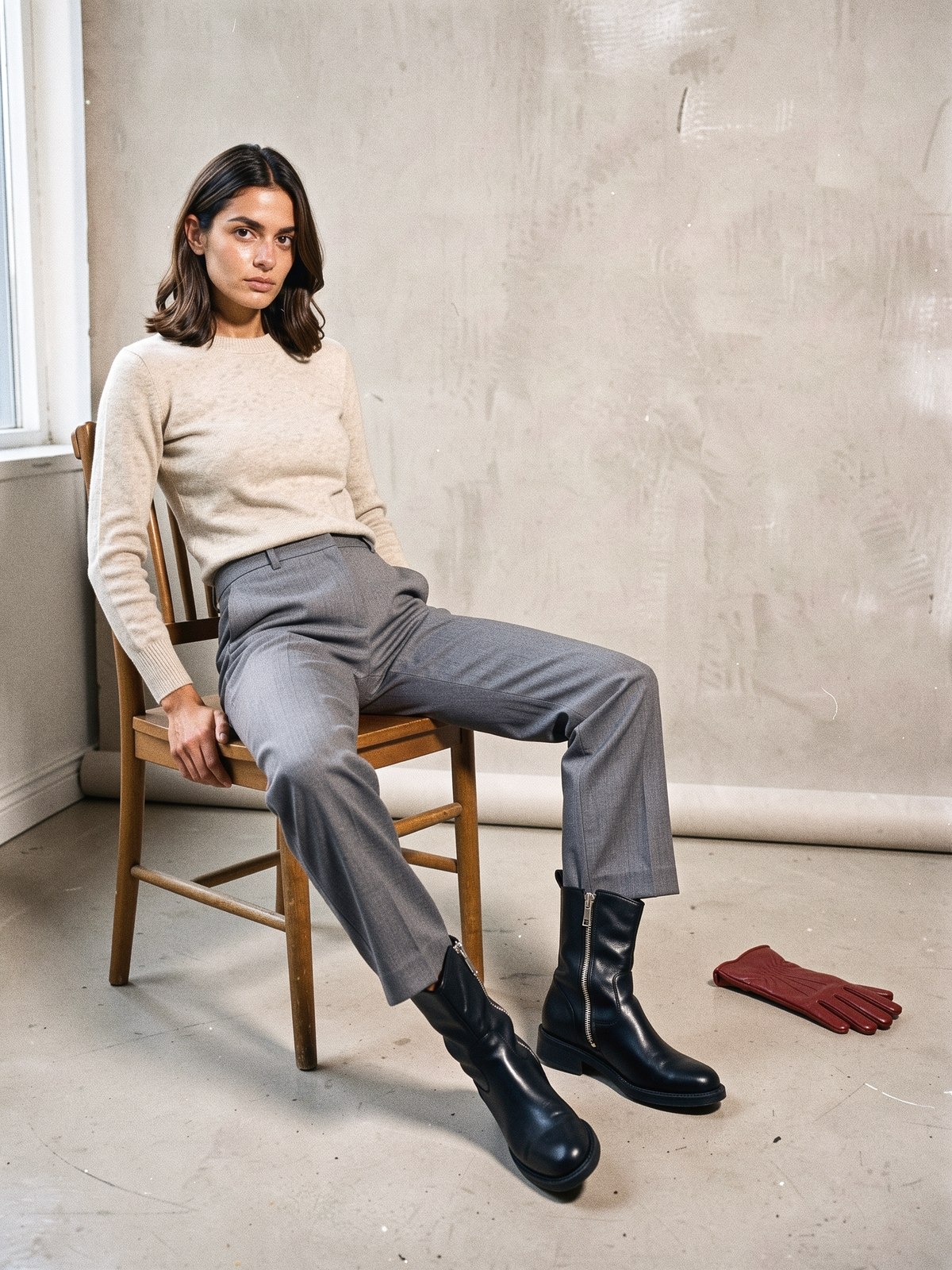 Mannequin assise, botte de cuir noire dont la fermeture latérale est ouverte jusqu'à la cheville