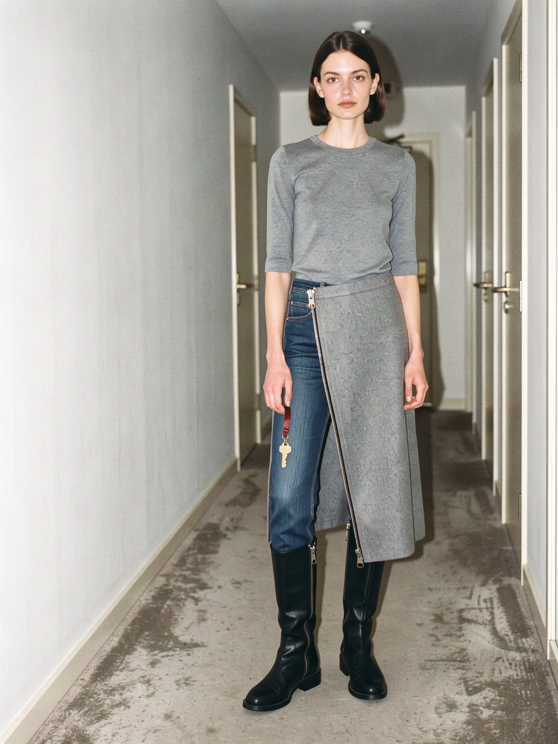 Mannequin en jupe longue à fermeture zippée et bottes de cuir, debout dans un couloir d'hôtel